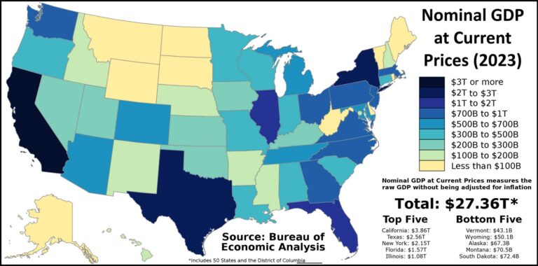 Color-coded GDP map of US states showing varying economic output across the country