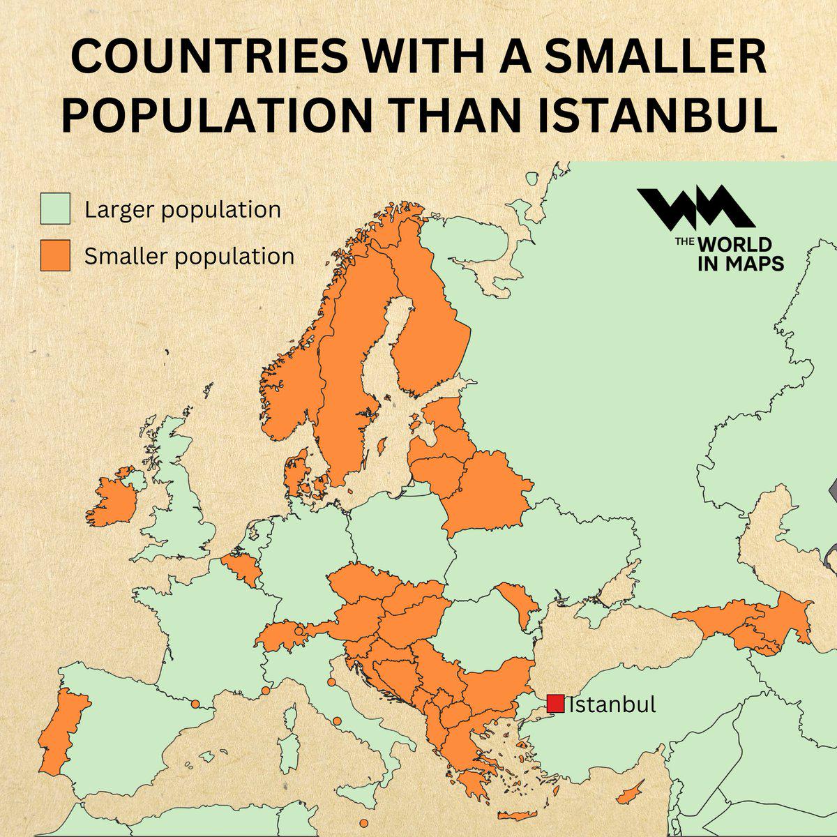 Map of the countries with a smaller population than Istanbul