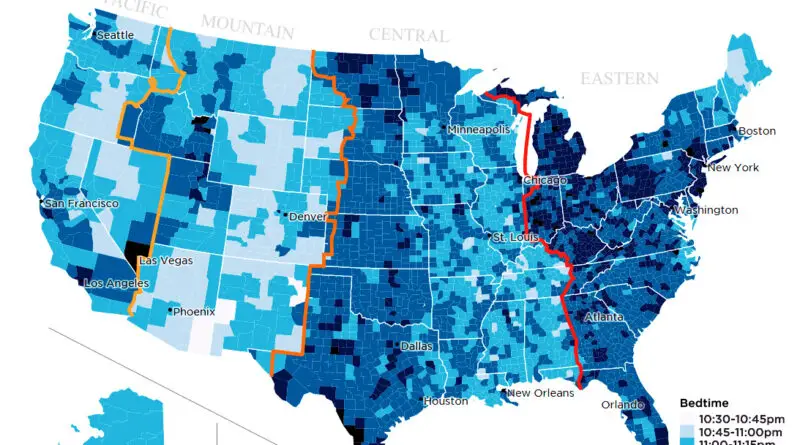 The average bedtime by county in the United States