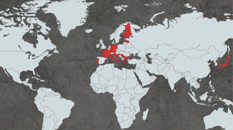 Nations with over 20% of the population aged 65+ years mapped