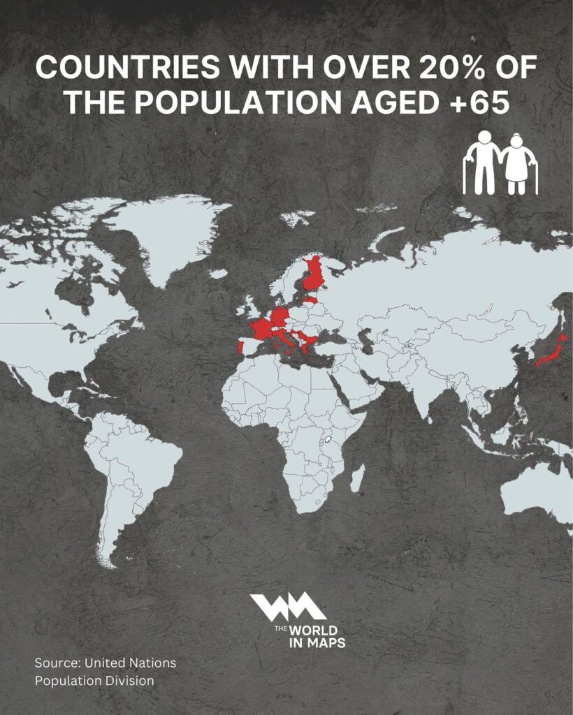 Nations with over 20% of the population aged 65+ years mapped