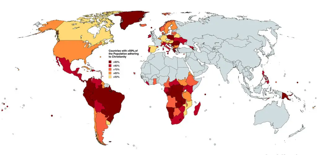 Countries with 50% or more of the Population adhering to Christianity