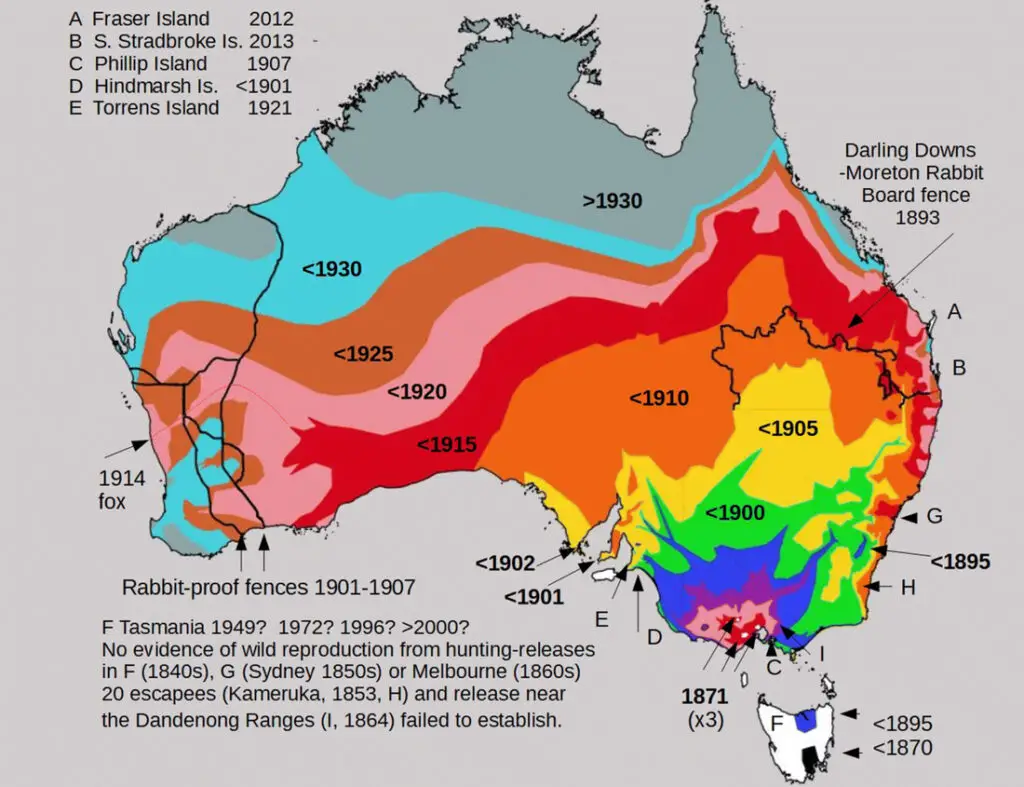 Map showing the invasive range of the red fox in Australia