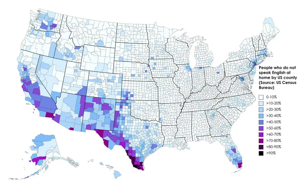 People who do not speak English at home by US county - Vivid Maps