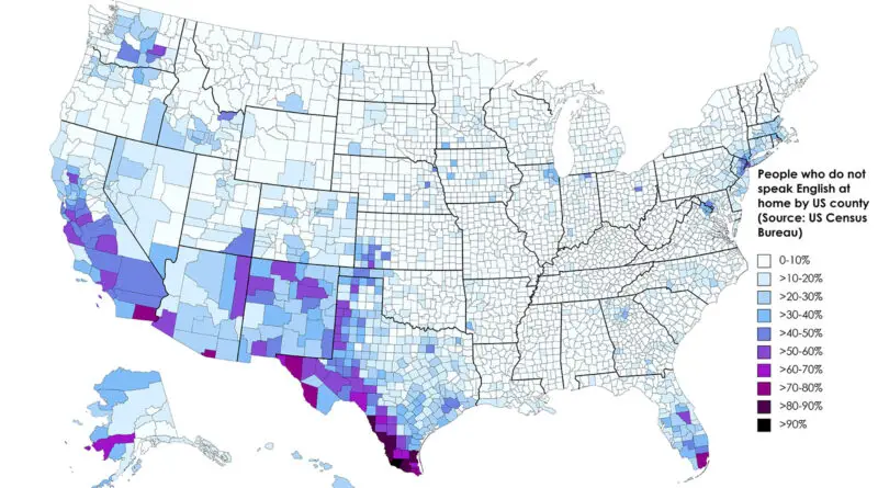 People who do not speak English at home by U.S. county mapped