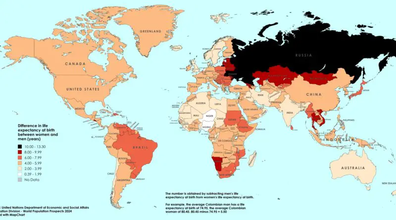 Sex gap in life expectancy world map