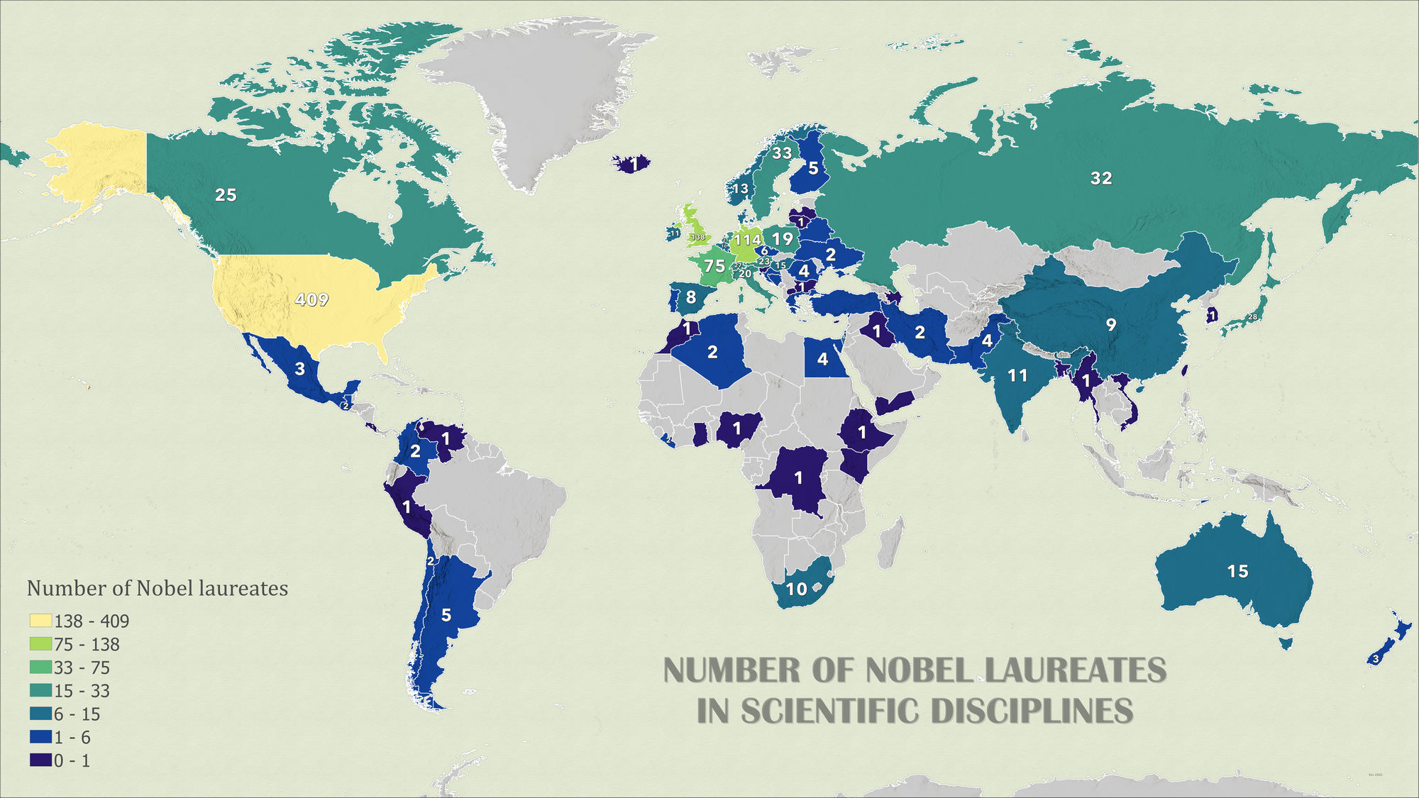 World map poster of Number of Nobel laureates