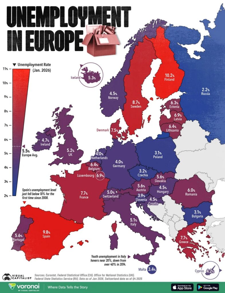 Unemployment in Europe in 2026 mapped