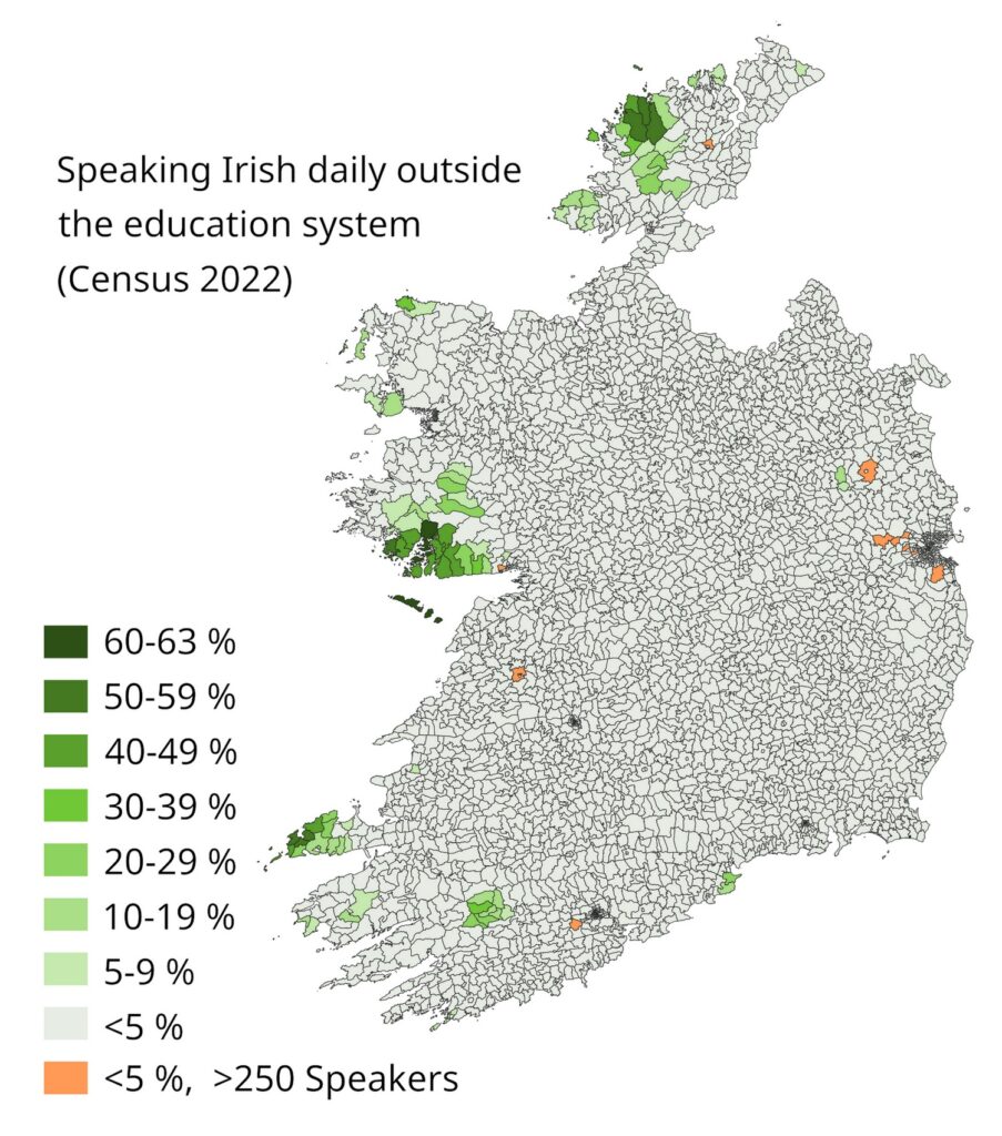County map showing percent of residents who use Irish daily in everyday life