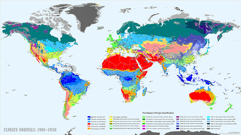 Koppen-Geiger climate classification in 1930 mapped