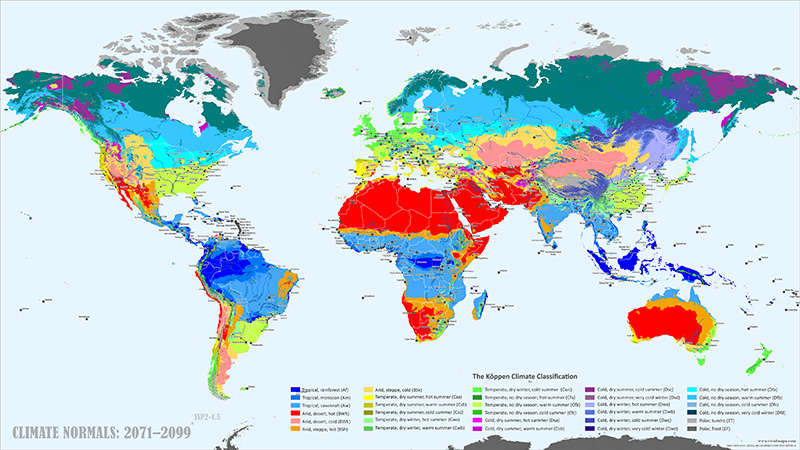 Koppen-Geiger climate classification in 2099 (2100) mapped