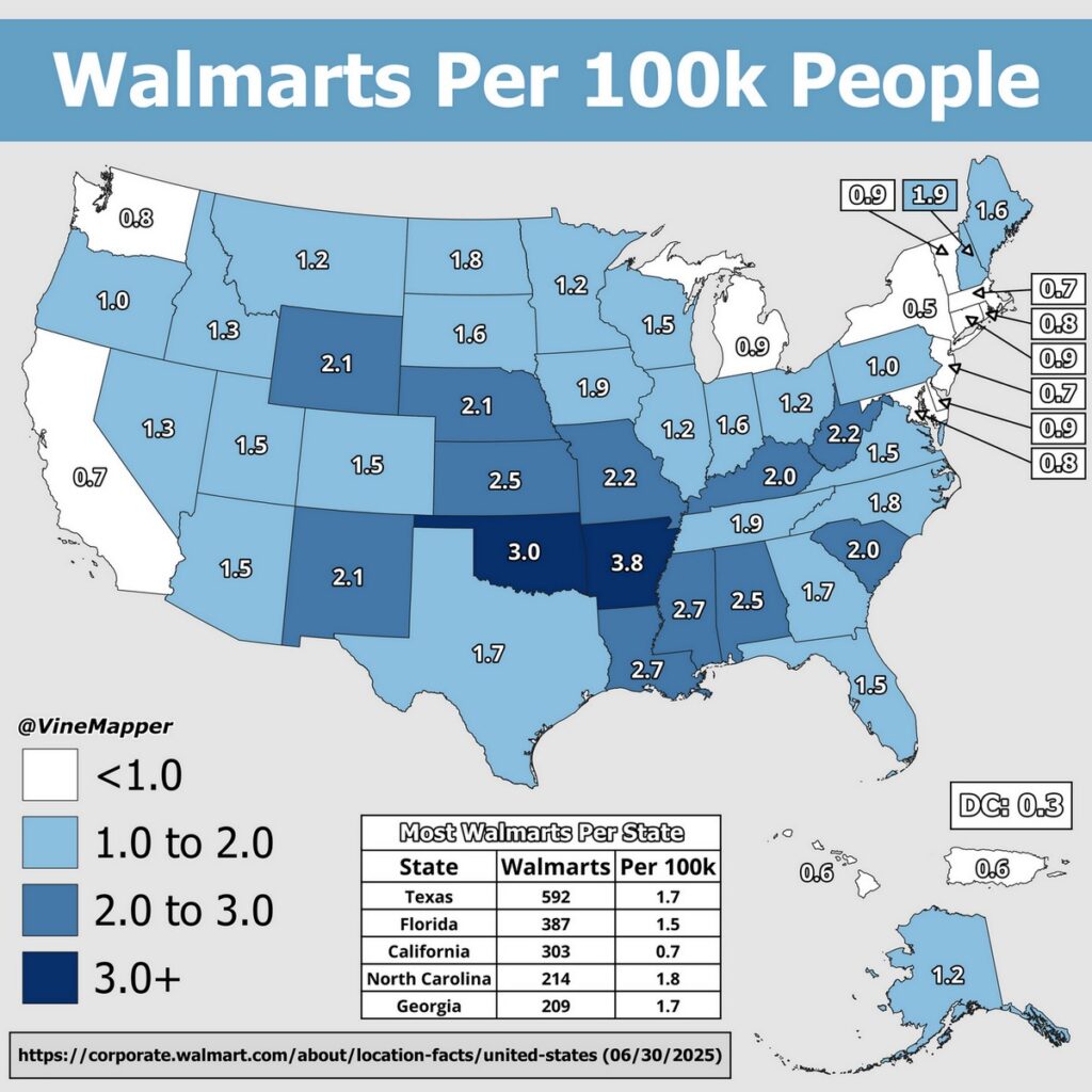 Mapped: Walmarts per 100k people
