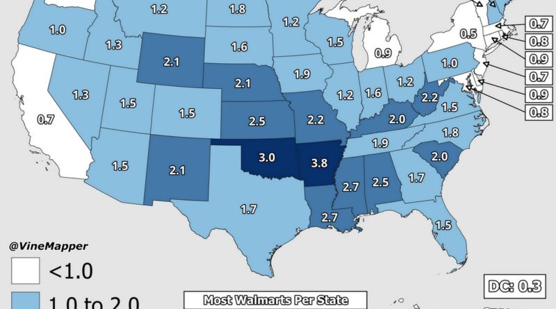 Mapped: Walmarts per 100k people