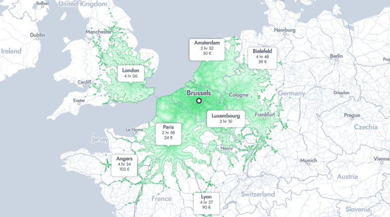 How far you can travel by train within 5 hours of Brussels mapped