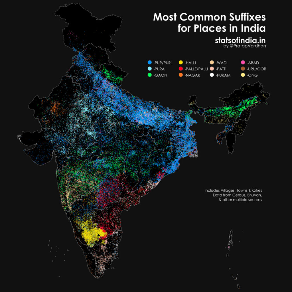 Map of the most common suffixes for place names in India 