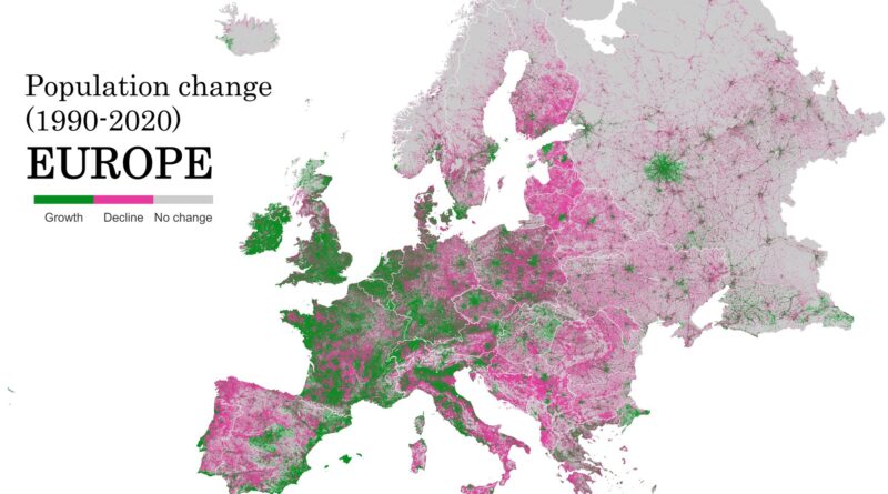 Map of Population change in Europe (1990-2020)