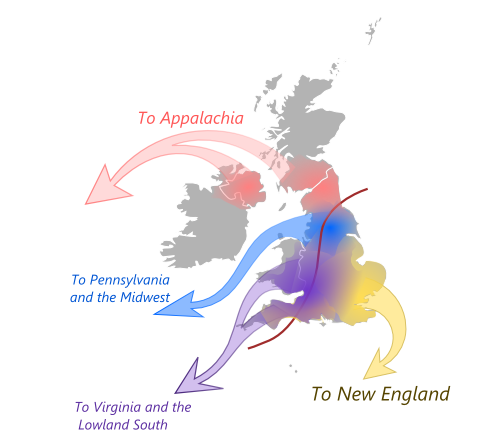 map of Early Colonial settlement patterns from the British Isles (1610s-1790s)