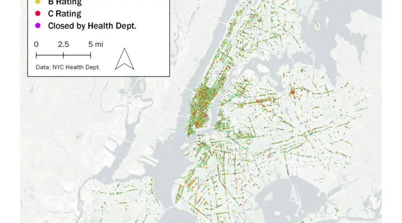 Map of restaurant health inspection grades in New York City