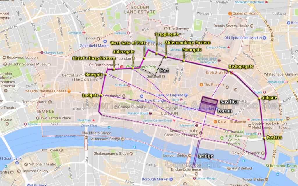 Roman London (Londinium) mapped out over the Modern city. 