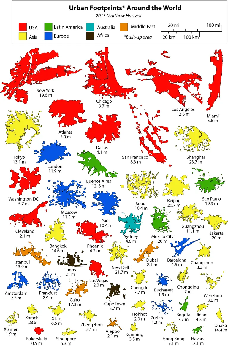 Global metropolitan urban area Footprints - Vivid Maps