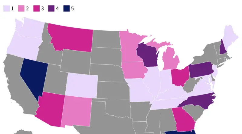 U.S. States won by less than three points in the last 8 presidential elections (1992–2020), by number of elections