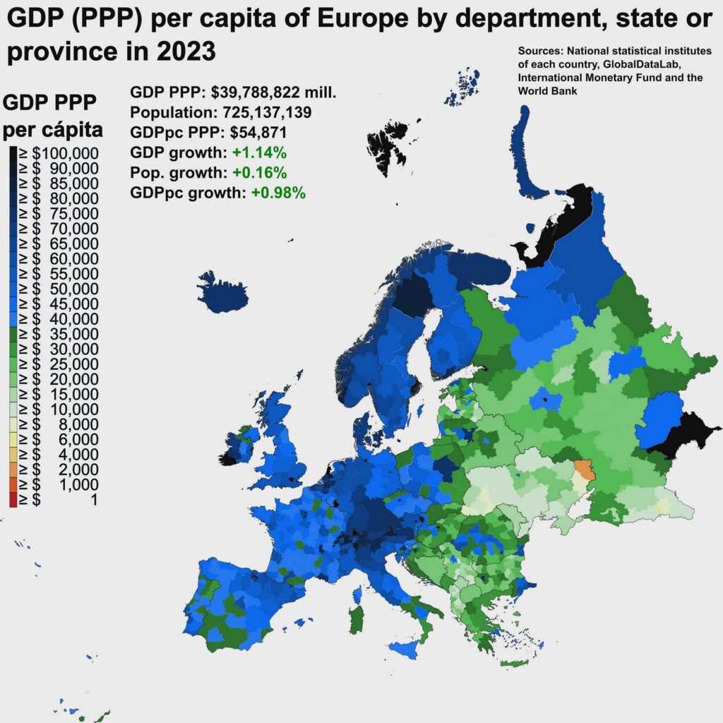 GDP per capita in Europe by subdivisions mapped
