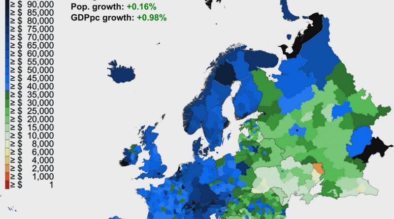 GDP per capita in Europe by subdivisions mapped
