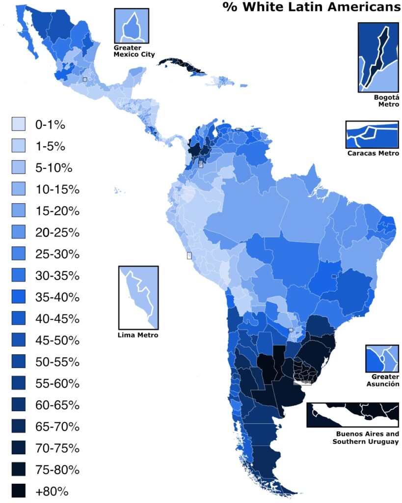 Percentage of South Americans who self-identify as white