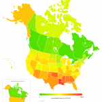 Prisioners per 100,000 adults in the United States and Canada