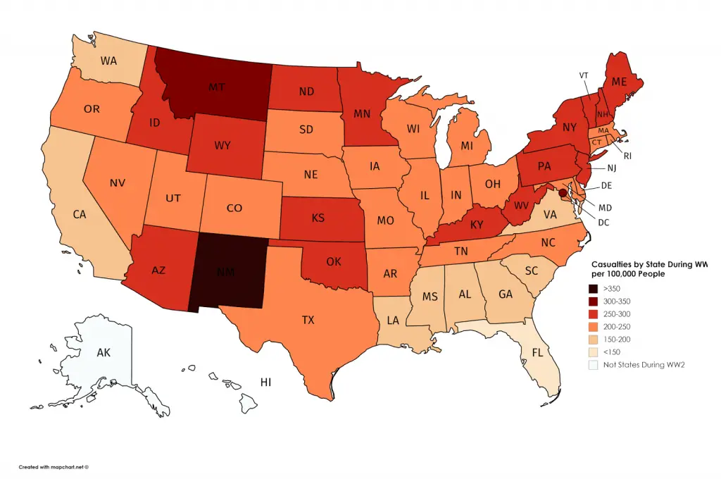 Casualties By U S State During World War II Per 100 000 People Vivid Maps