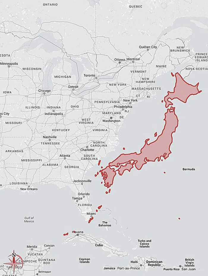 The size of Japan compared to the U.S. East Coast