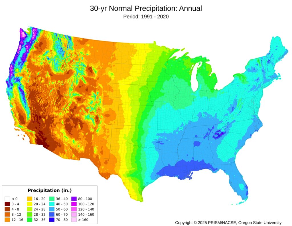 Annual precipitation in the United Sates (period: 1991-2020)