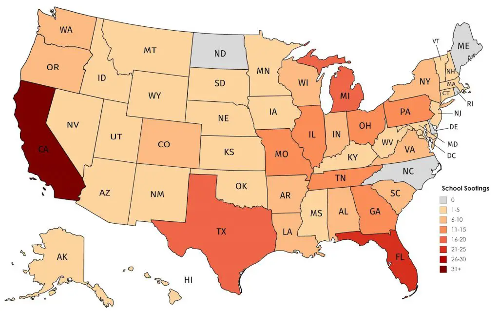 School Shootings By U.S. State (1970 - 2016) - Vivid Maps