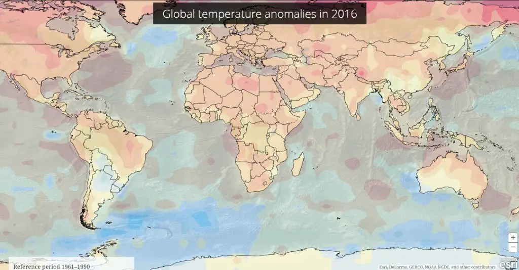 Global temperature anomalies in 2016