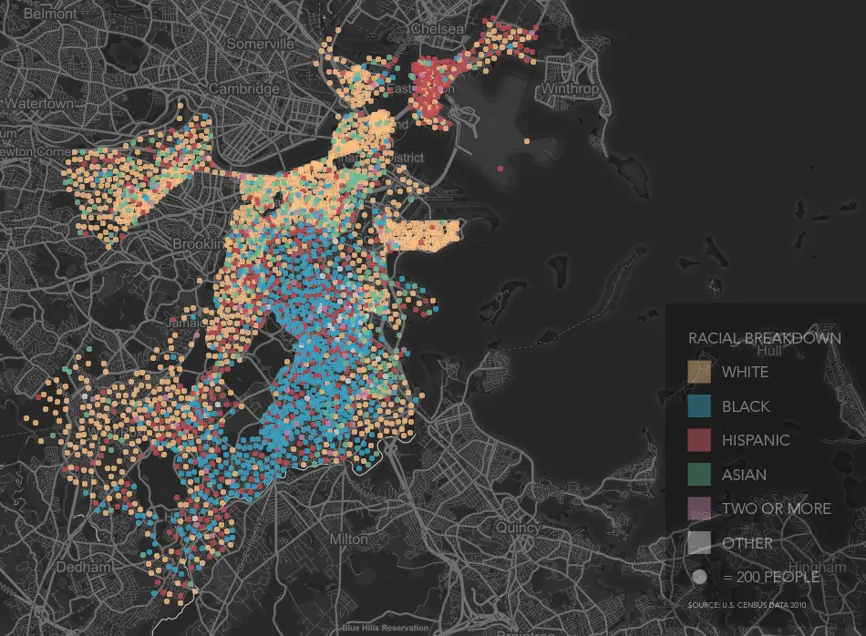 The racial distribution throughout the neighborhoods of Boston Vivid Maps