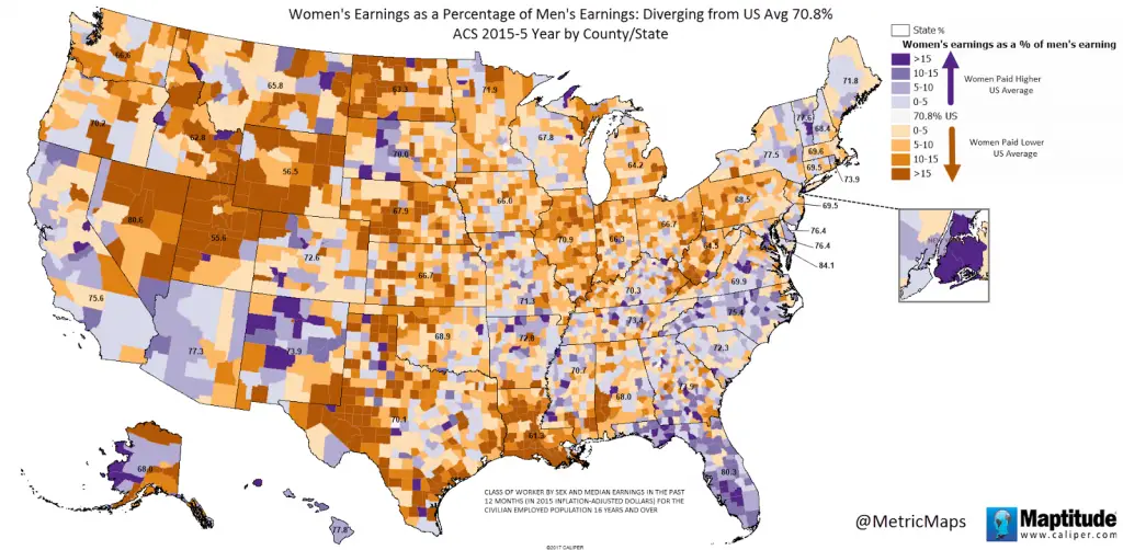 Women’s Earnings as a percentage of Men’s Earnings by U.S. county ...