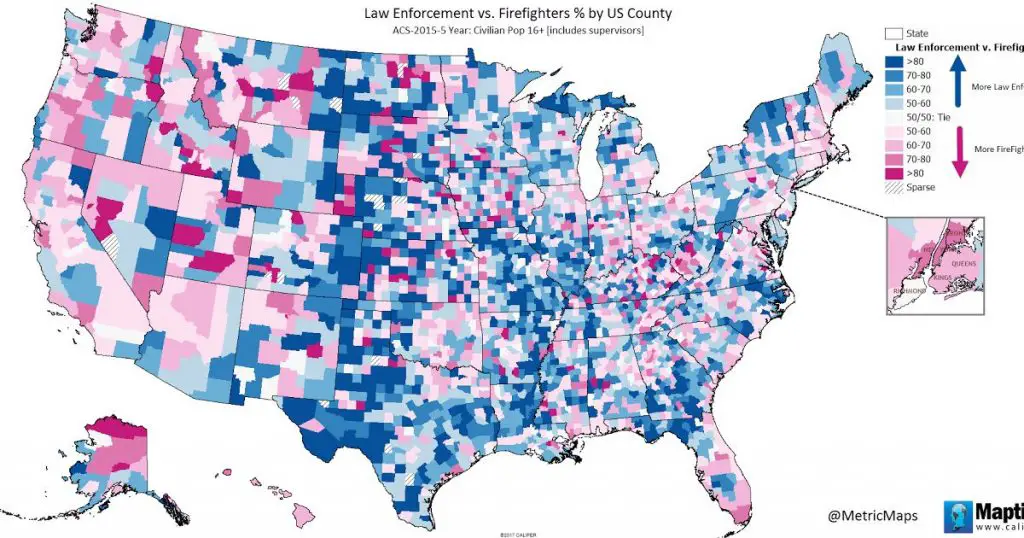 Cops vs Firefighters by U.S. county - Vivid Maps