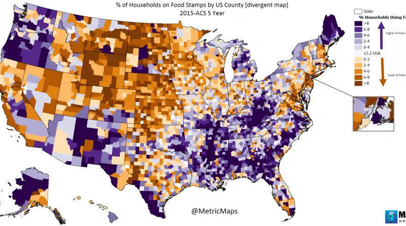 Percent of households on food stamps by US County