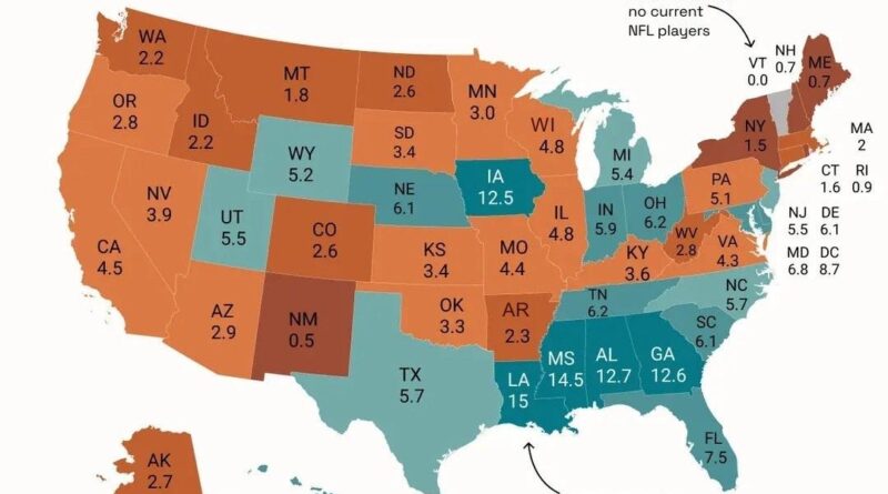 NFL players per million state residents mapped