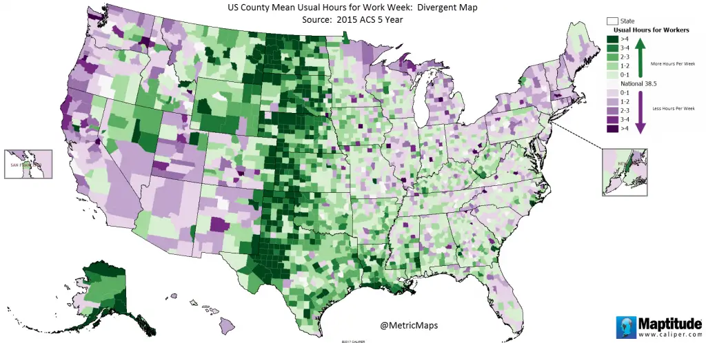 U.S. county mean usual hours for work week - Vivid Maps