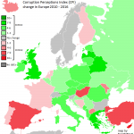 Change in corruption in Europe (2010 - 2016)