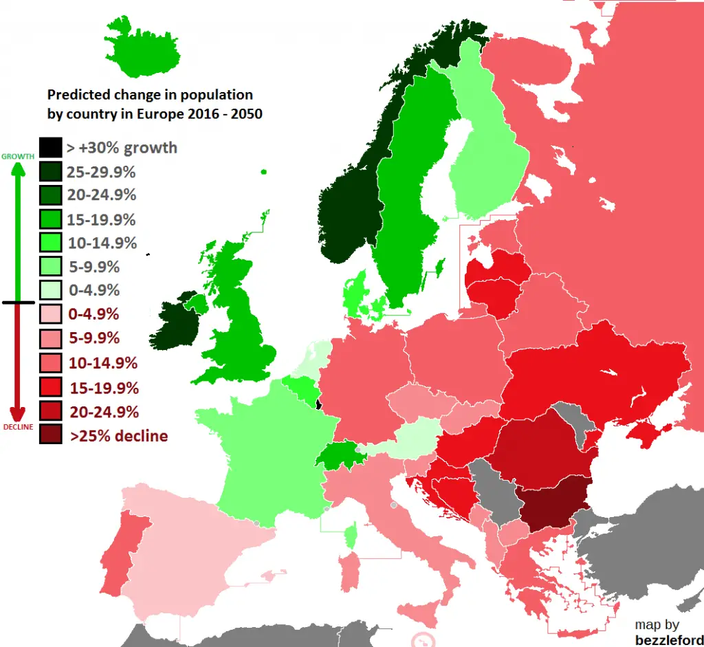 Predicted Change In Population Of Countries In Europe 2016 2050 