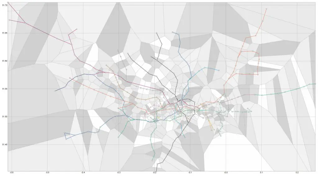 London Tube Map with Voronoi, showing closest station for every location in the city