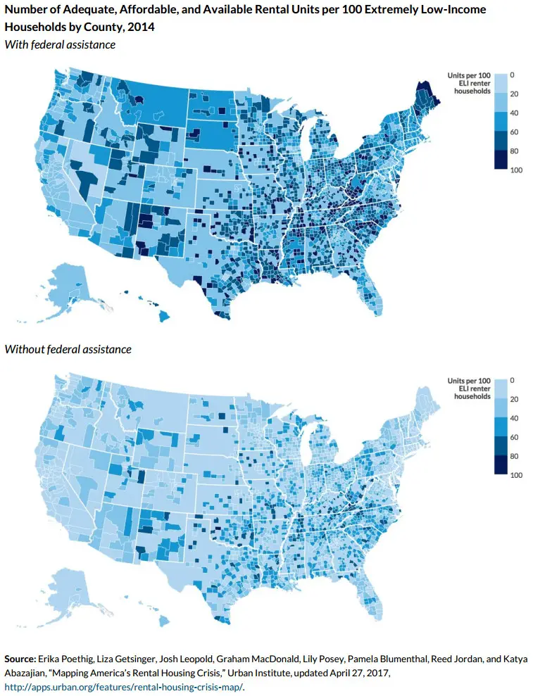 Number of adequate, affordable & available rental units per 100 extremely low-income households by U.S. county