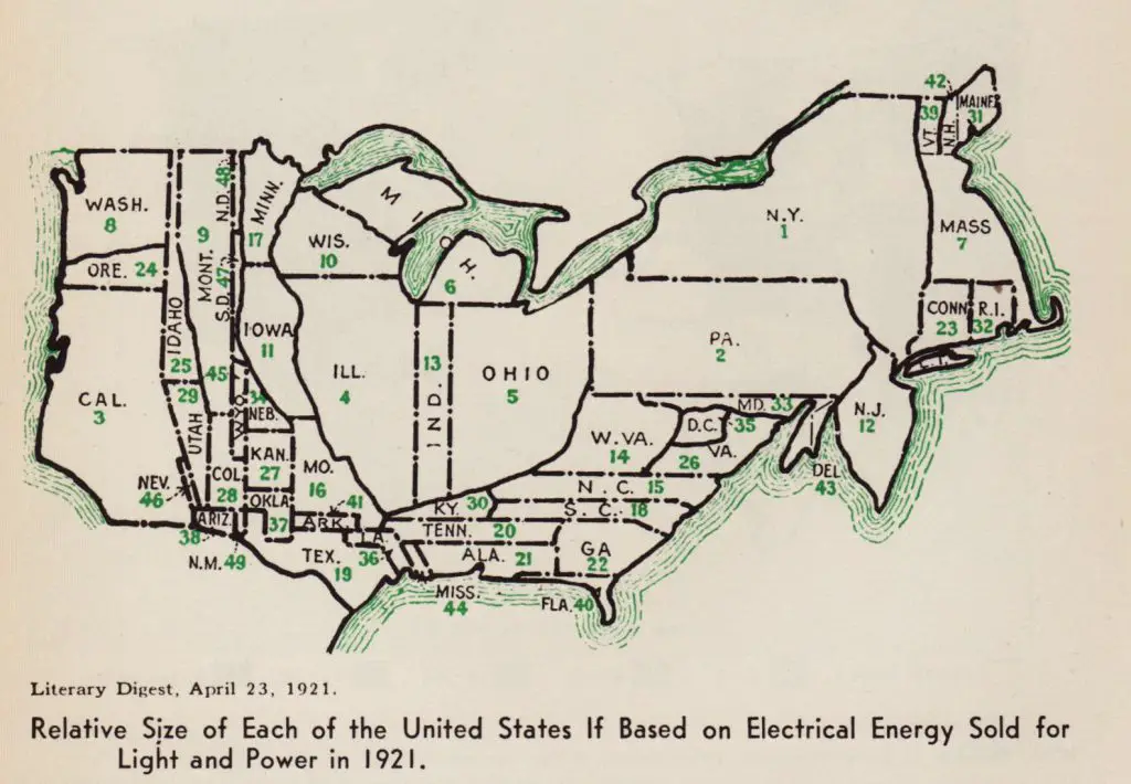 Map showing the relative size of each of the United States if based on Electrical energy sold for light and power (1921)