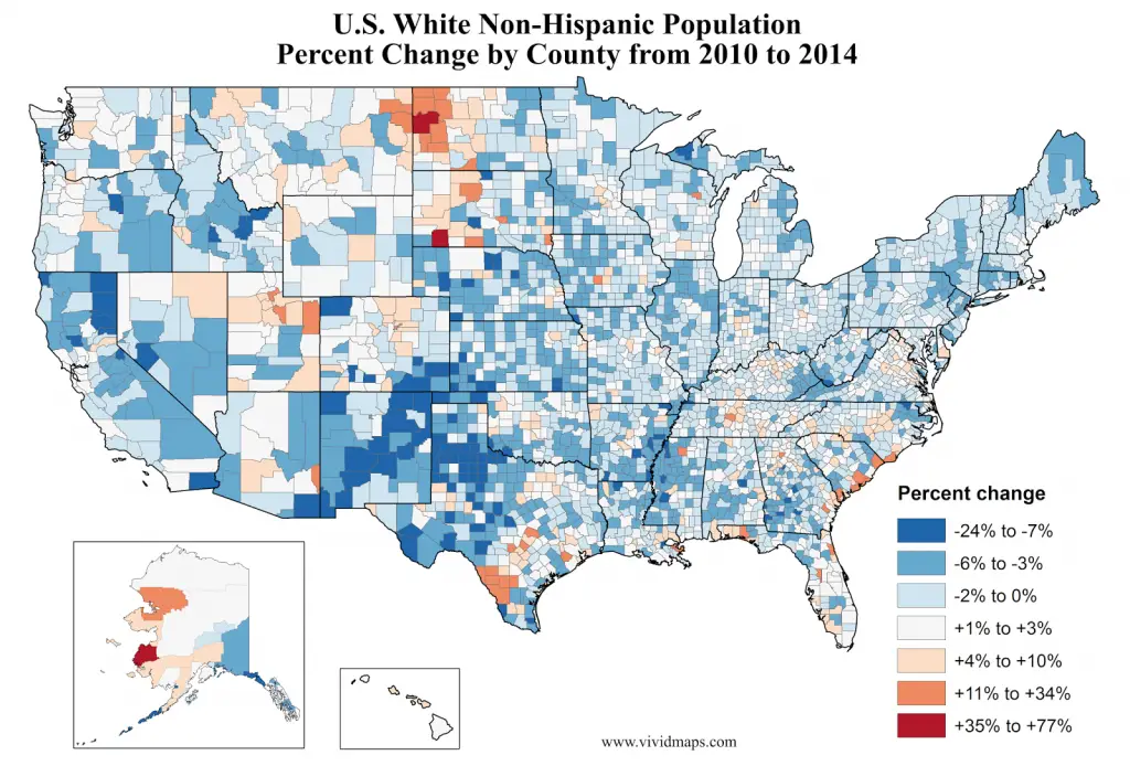 U.S. White Non-Hispanic population, percent increase by county