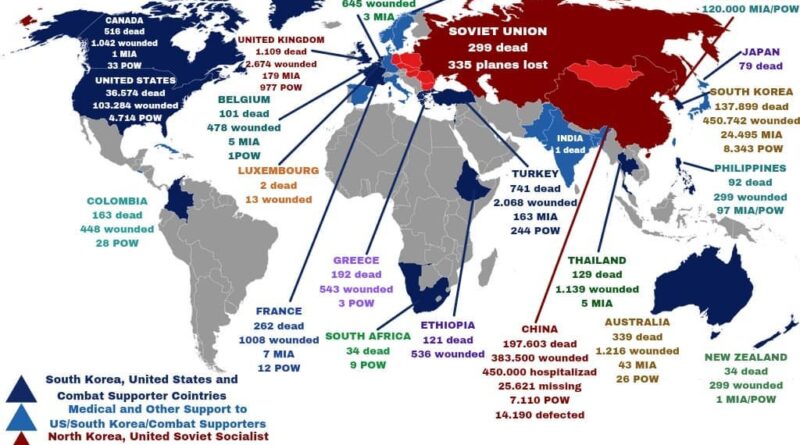 World map: Korean war losses by country