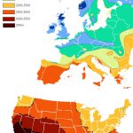 Sunlight duration in hours per year in Europe and the U.S.