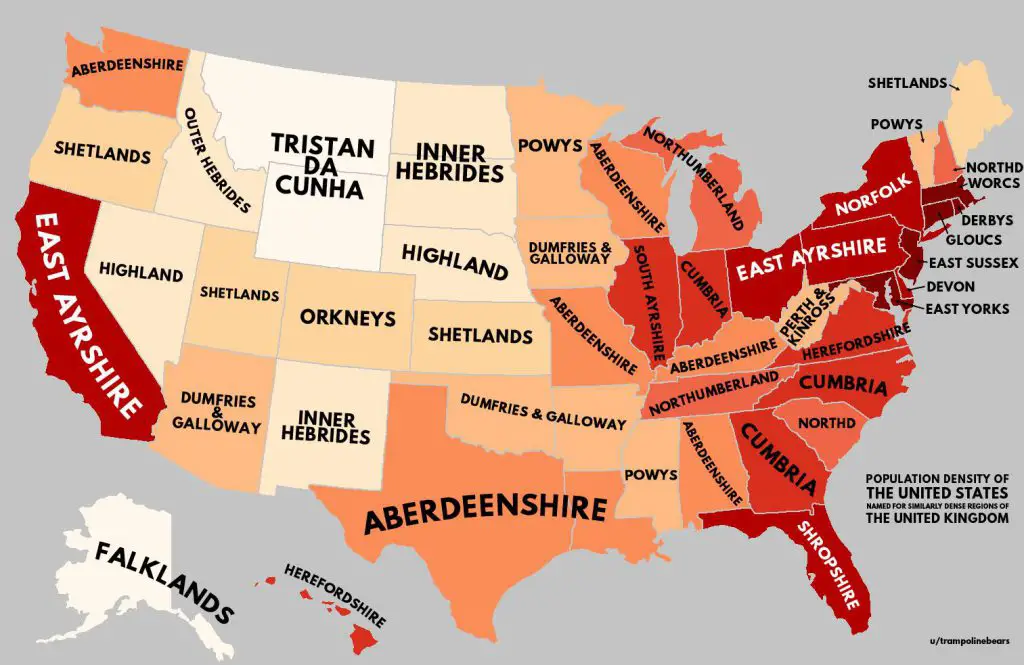 Population Density Of United States With United Kingdom Equivalents 