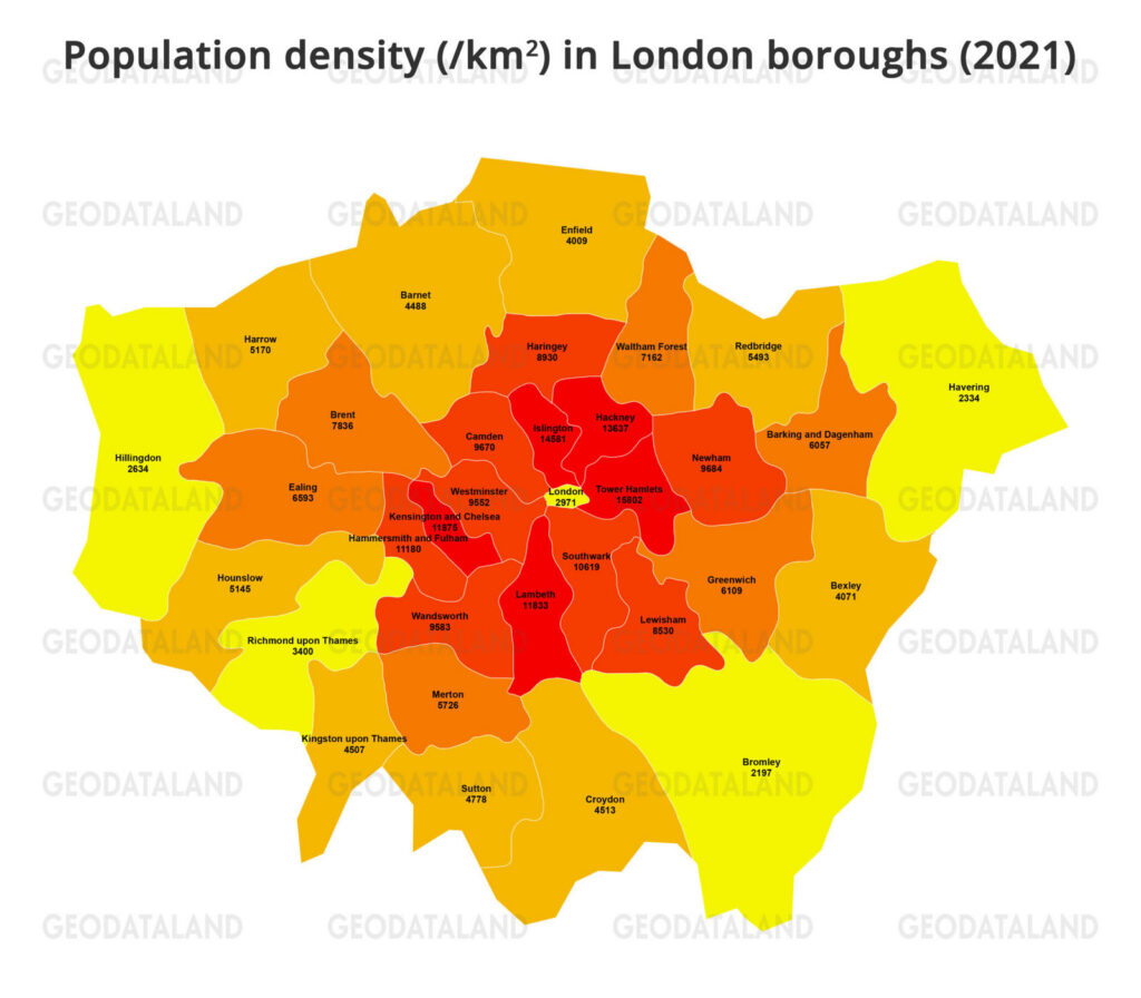 Choropleth map of population density across all 32 London boroughs and the City of London